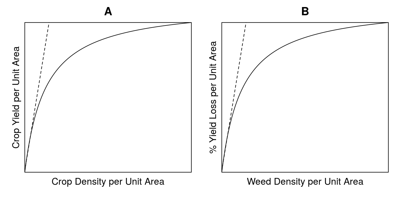 Competition within the same species, often denoted intra-specific competition (A). Yield loss function based on the percentage yield loss relative to the yield in weed free environment (B).